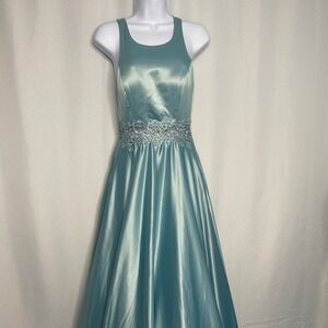 City Vibe Light Blue Satin A-Line Prom Dress Lace Waist Open Back Pockets Size 3